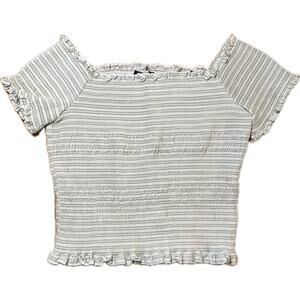 Zara Women's Off Shoulder Crop Top Striped Ruffle Trim Smocked green top size XL
